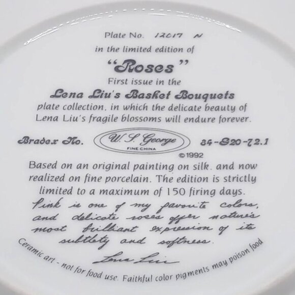 Lena Liu 1992 Plate 8" Porcelain Roses Basket Bouquets Gold Trim Limited Edition - Picture 5 of 8